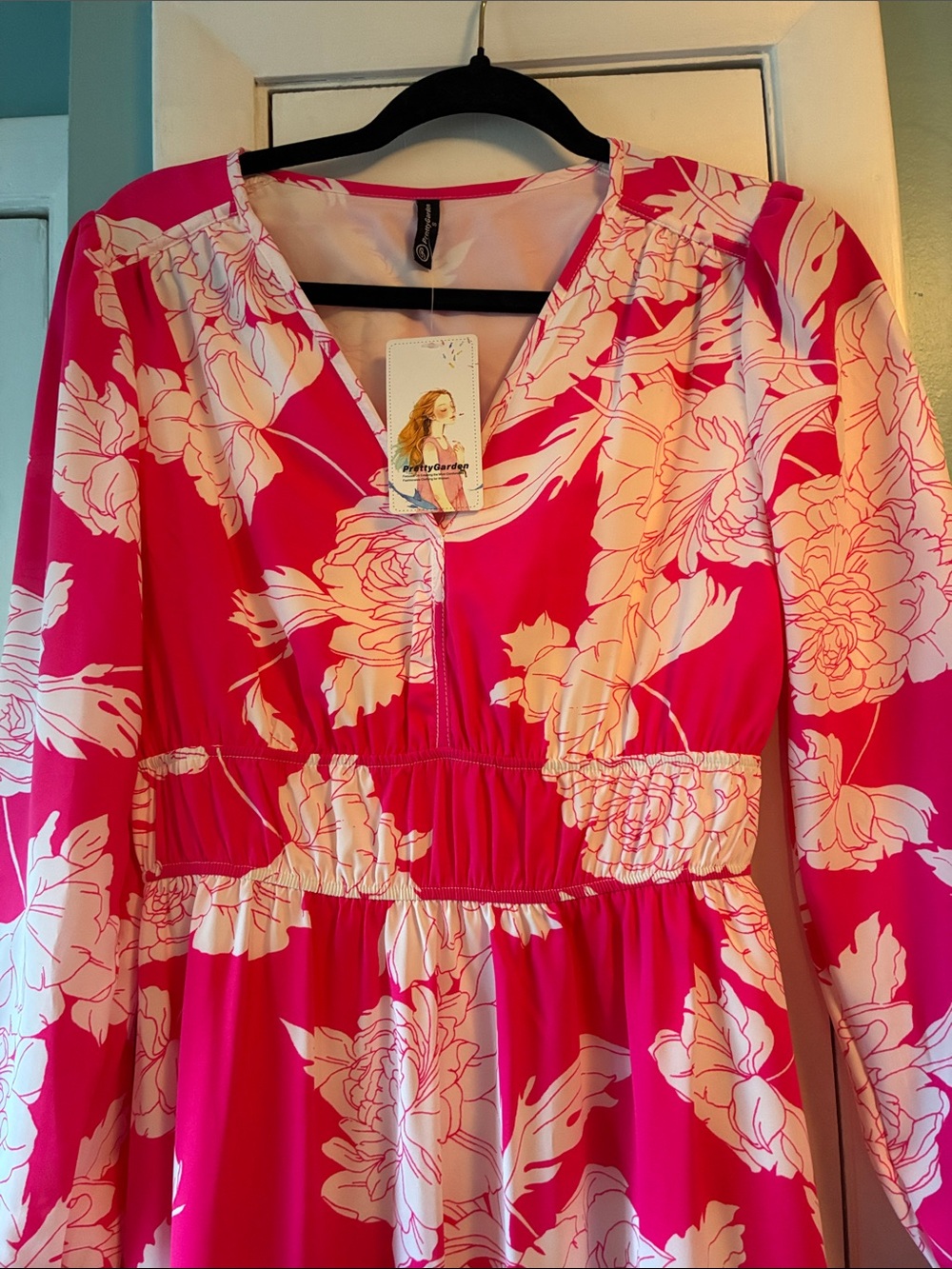 PrettyGarden Vibrant Pink Floral Long Sleeve Maxi Dress